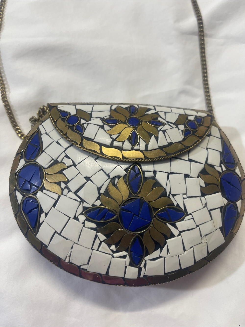 White & Blue vintage Mosaic Crossbody clutch , purse Bag with Gold Accents
